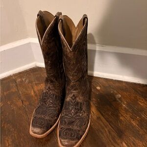 Corral Tan and Brown Leather Square Toe Boots W/Alligator Inlay